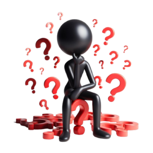 Boneco preto sentado sobre uma interrogação vermelhar, e cercado de outras interrogações vermelhas de tamanhos variados, representando alguém em dúvida, ou questionando.